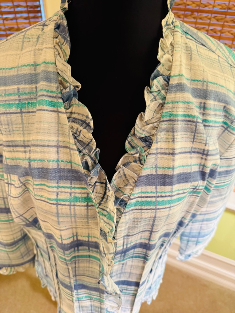 St. John Sport by Marie Gray Cream, Blue & Teal Plaid Fringe-Trim Jacket - Picture 2 of 5
